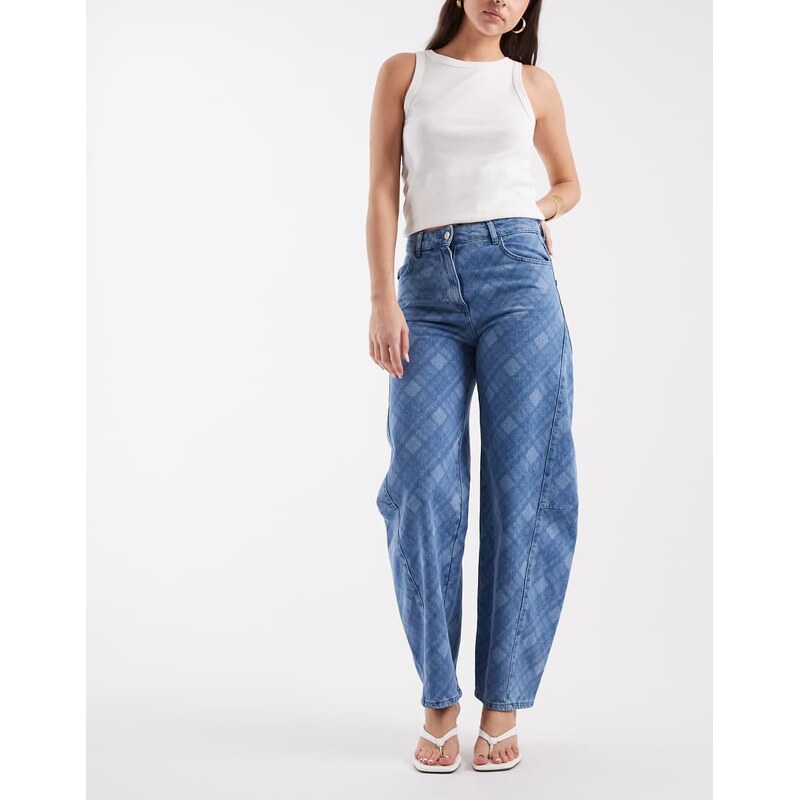 ASOS DESIGN high rise barrel jean in laser check print-Blue