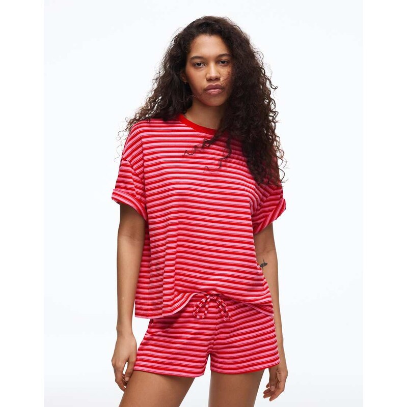 Bershka Elastic waist plush shorts in pink