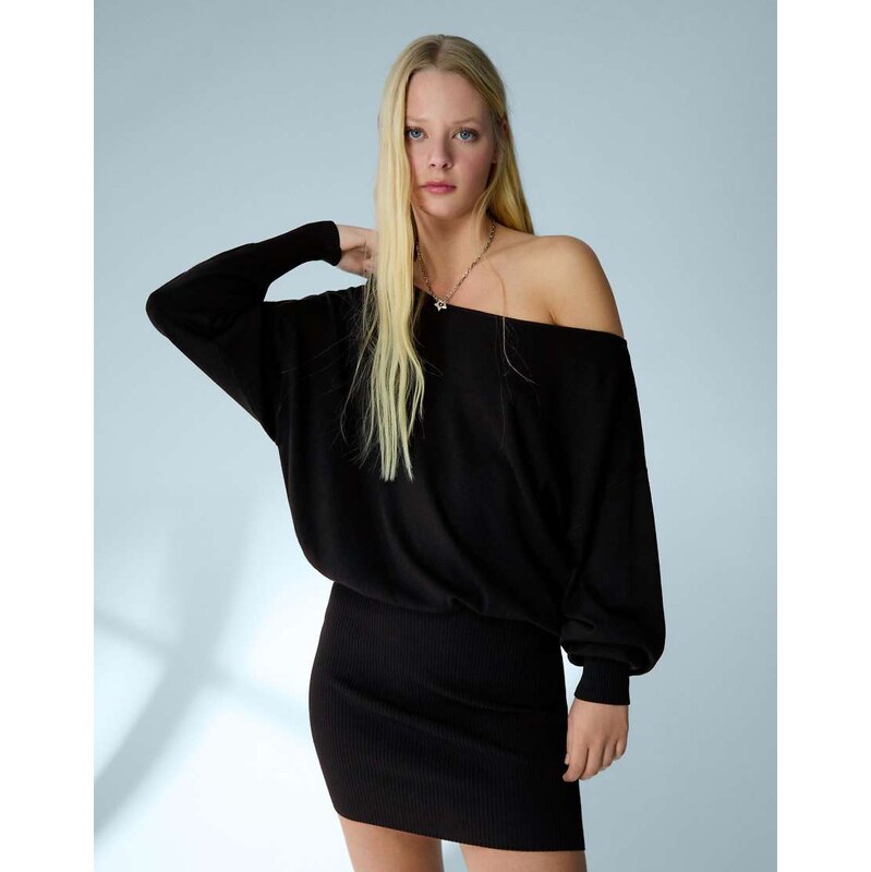 Bershka Ribbed asymmetric mini dress in black