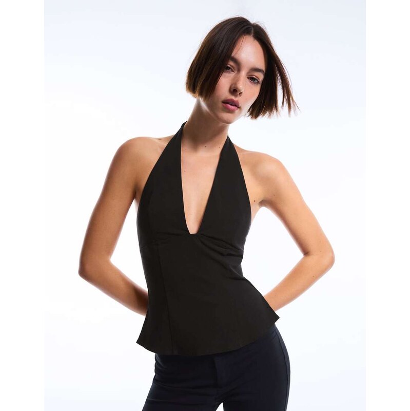 Bershka Front zip top in black 114584646