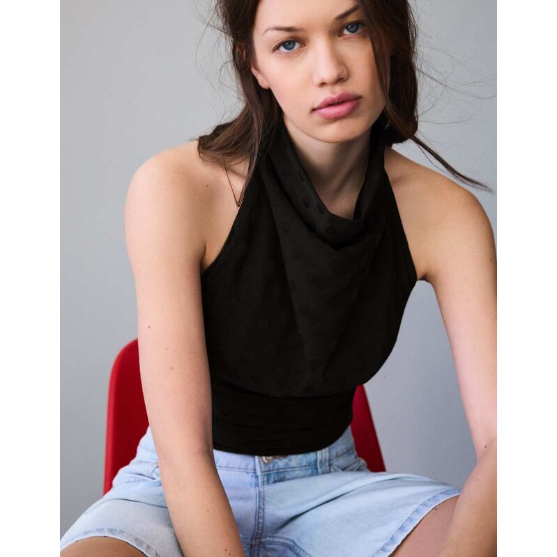 Bershka Polka dot jacquard top in black