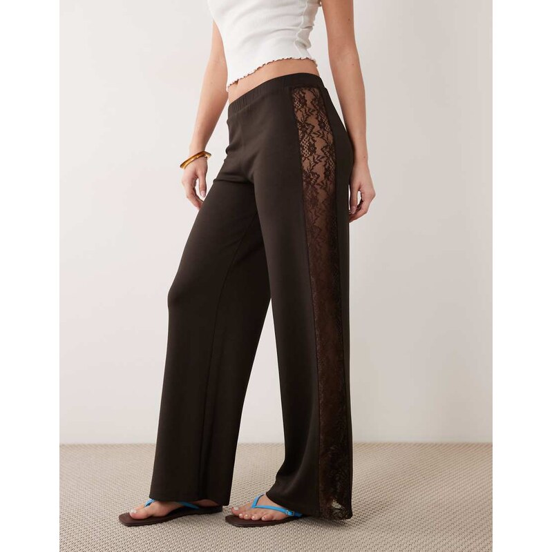ASOS DESIGN wide leg trouser with lace panel in brown