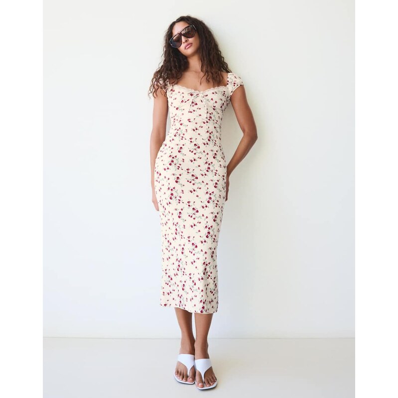 Bershka Lace crinkle midi dress in ecru-White