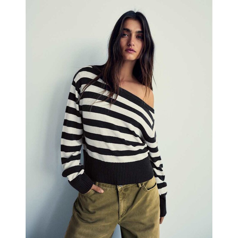 Bershka Asymmetric rustic stripe jumper in denim blue 114584682