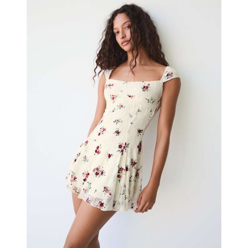 Bershka Mini lace print dress in ecru-White