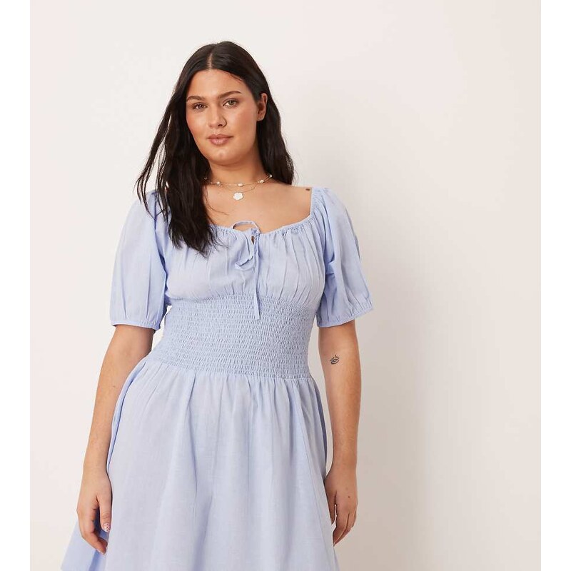 Esmee Curve puff sleeve tie front mini beach dress in light blue 114773643