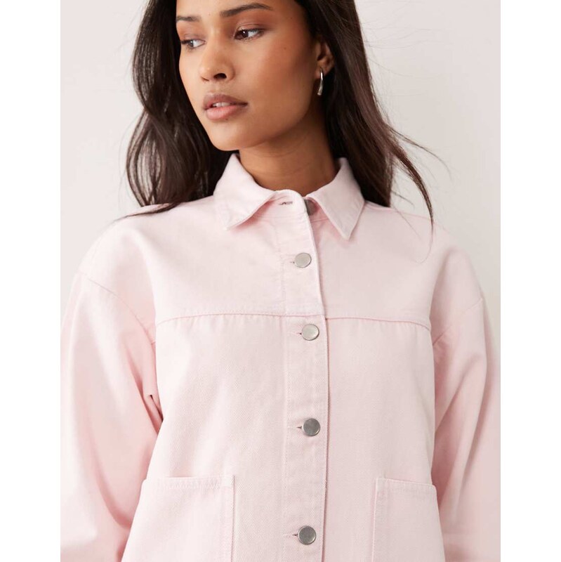 JDY boxy denim jacket with front pockets in pale pink 114689845