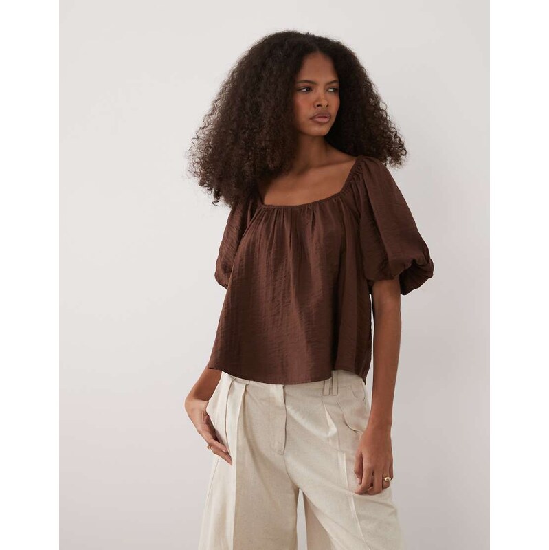 New Look crinkle square neck blouse with puff sleeve in dark