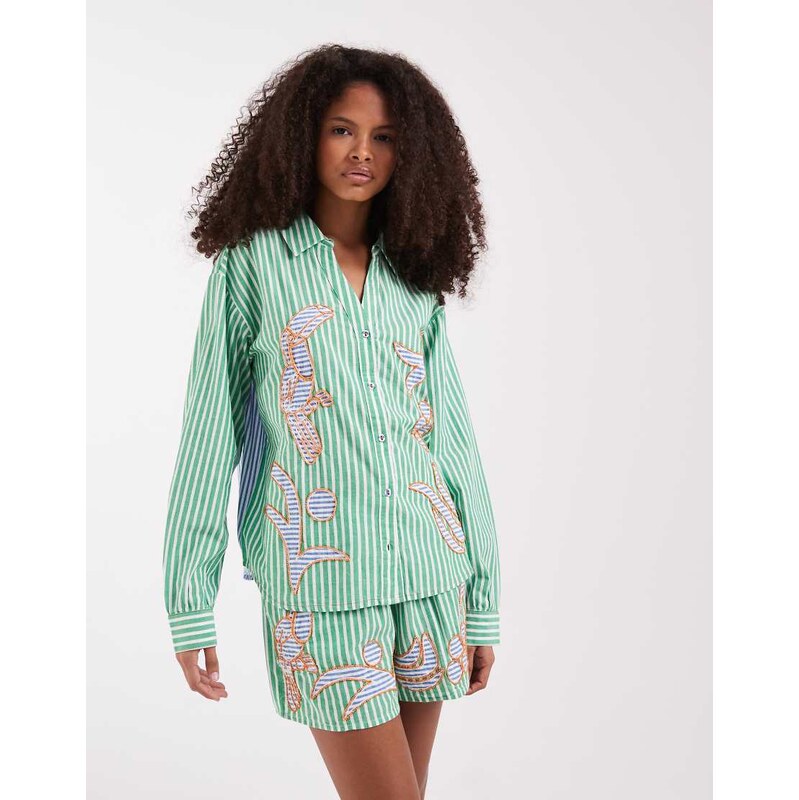 River Island striped toucan embellished shirt in green