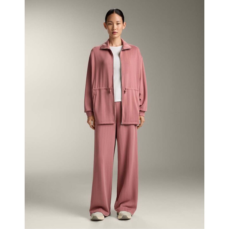 OYSHO Super high rise striped textured trousers in russet mocha-Pink 114610319