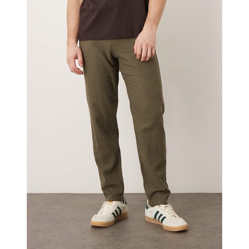 Selected slim tapered linen blend trousers in green