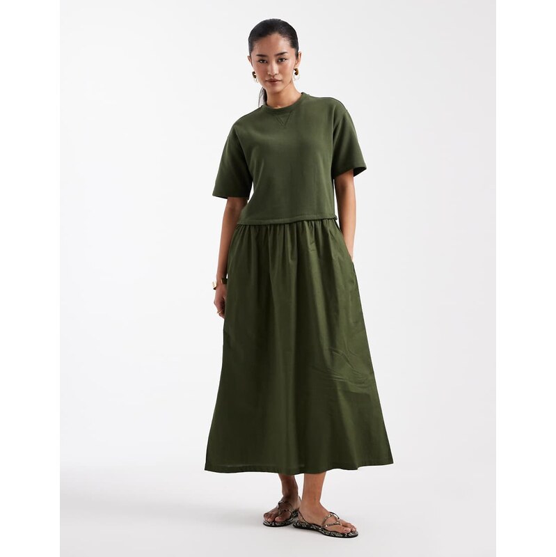 Threadbare poplin short sleeve midi dress in khaki-Green 115516292