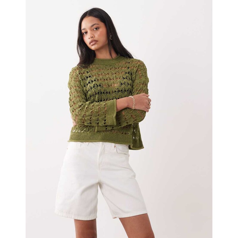 Miss Selfridge open crochet stitch jumper in olive-Green 114589460