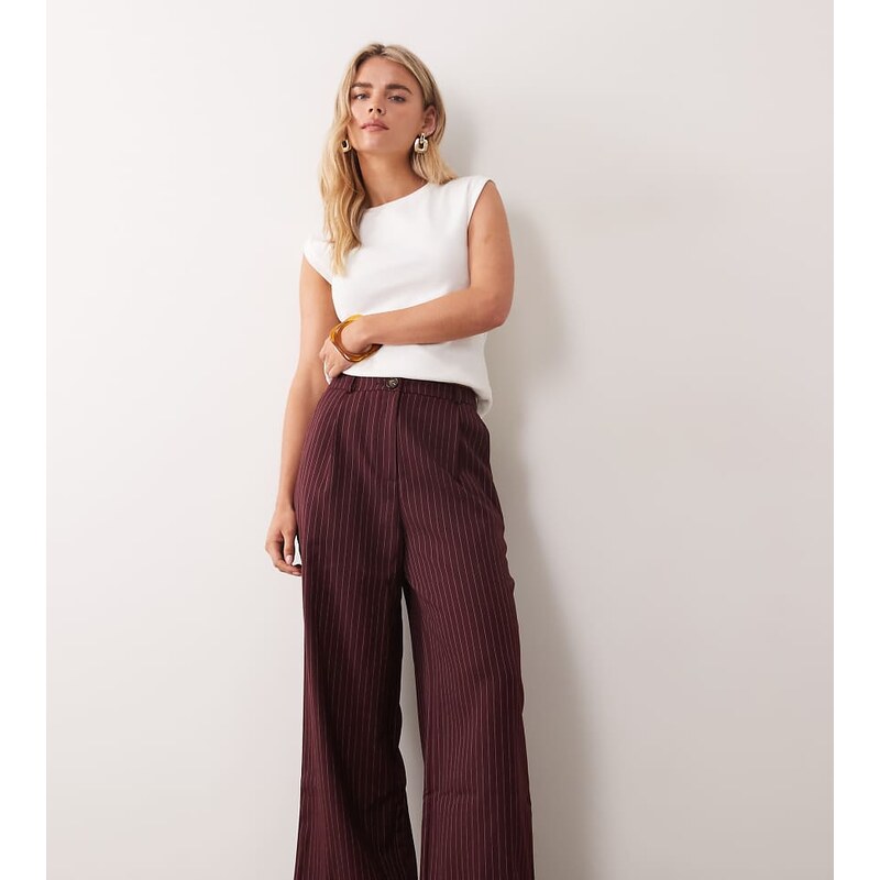 Miss Selfridge Petite pinstripe trouser in burgundy-Red