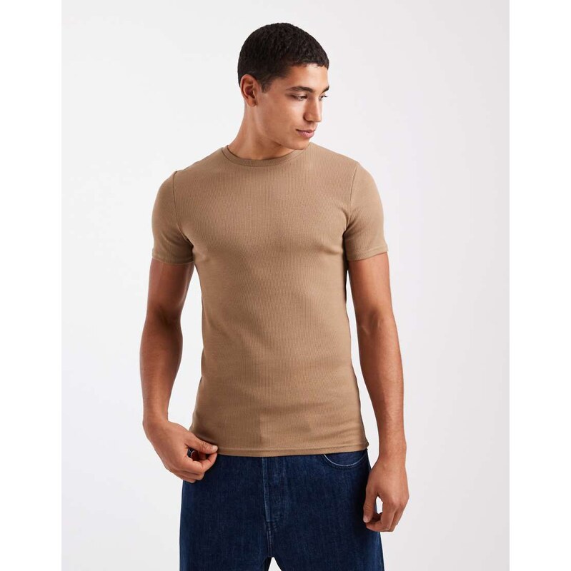 ASOS DESIGN Essentials muscle fit t-shirt in brown rib