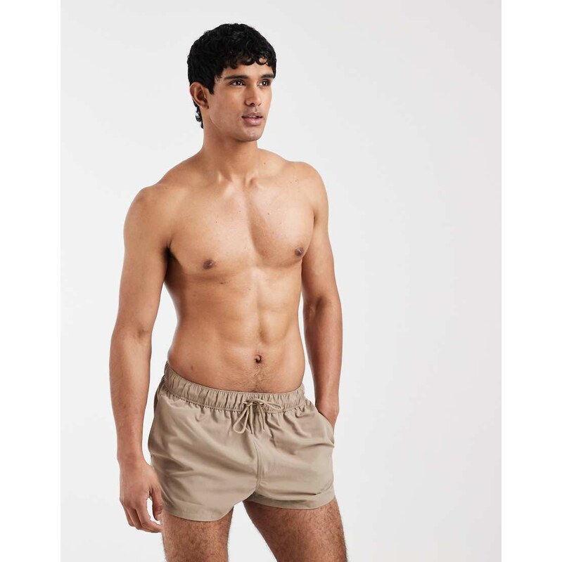 ASOS DESIGN swim shorts in super short length in beige-Neutral