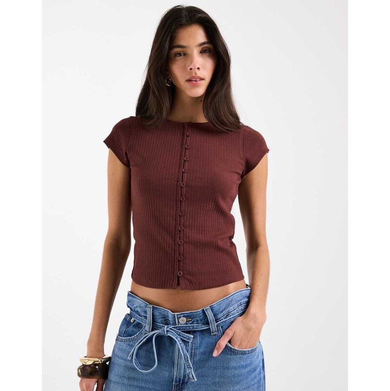 ASOS DESIGN compact rib button through short sleeve cardigan in fig 115518110
