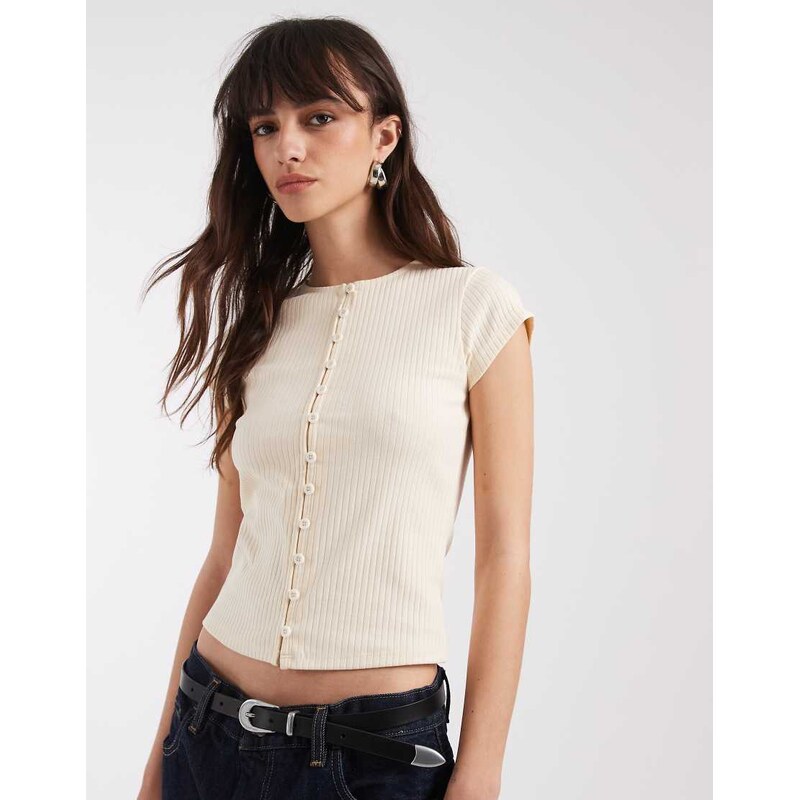 ASOS DESIGN compact rib button through short sleeve cardigan in cream-Multi
