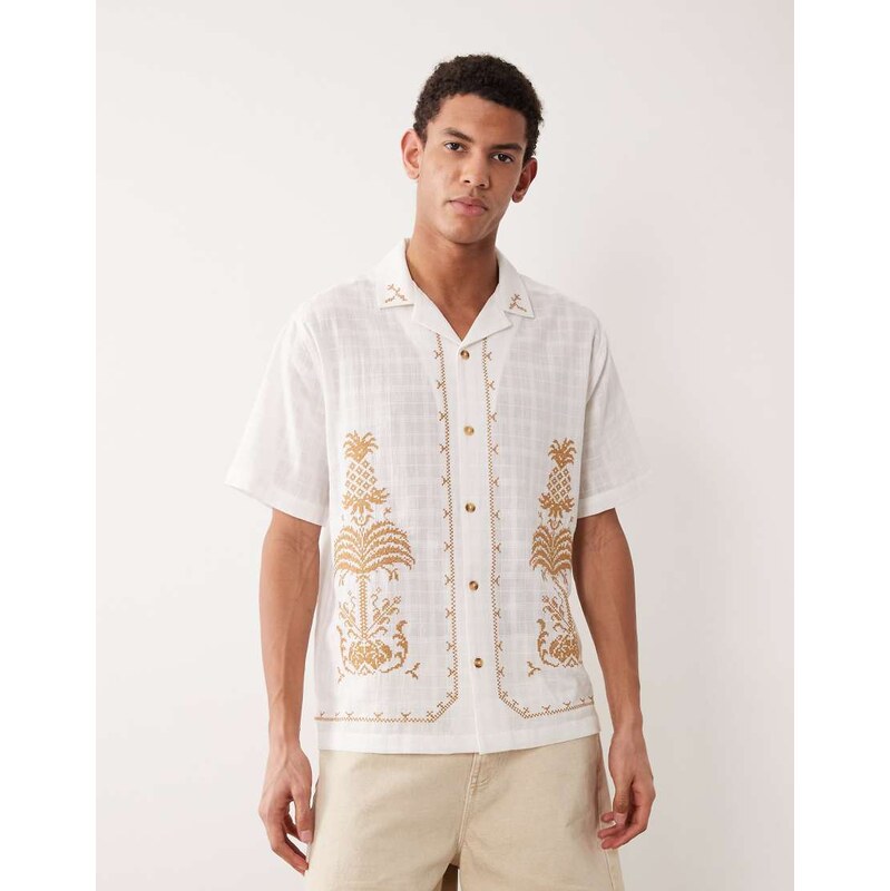 ASOS DESIGN relaxed textured shirt with embroidery in white