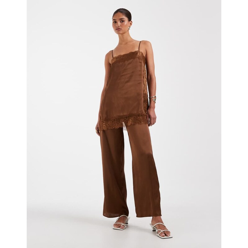 ASOS DESIGN satin lace cami jumpsuit in brown