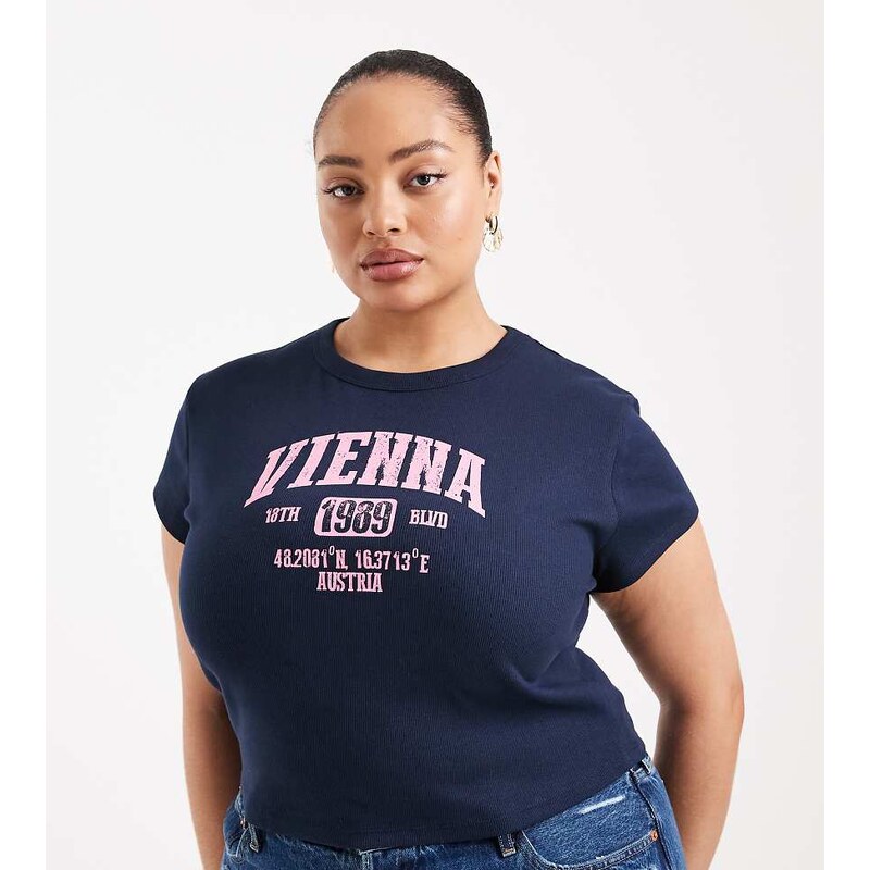 ASOS Curve ASOS DESIGN Curve baby tee with vienna graphic in navy 114588001