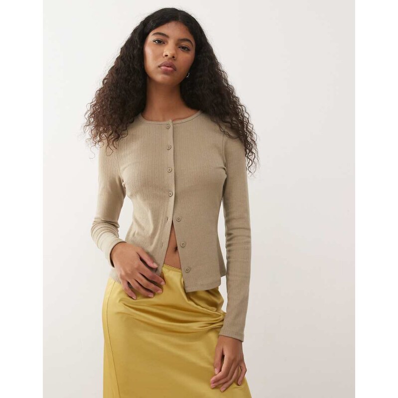 COLLUSION long sleeve pointelle cardigan in khaki-Green 114733695