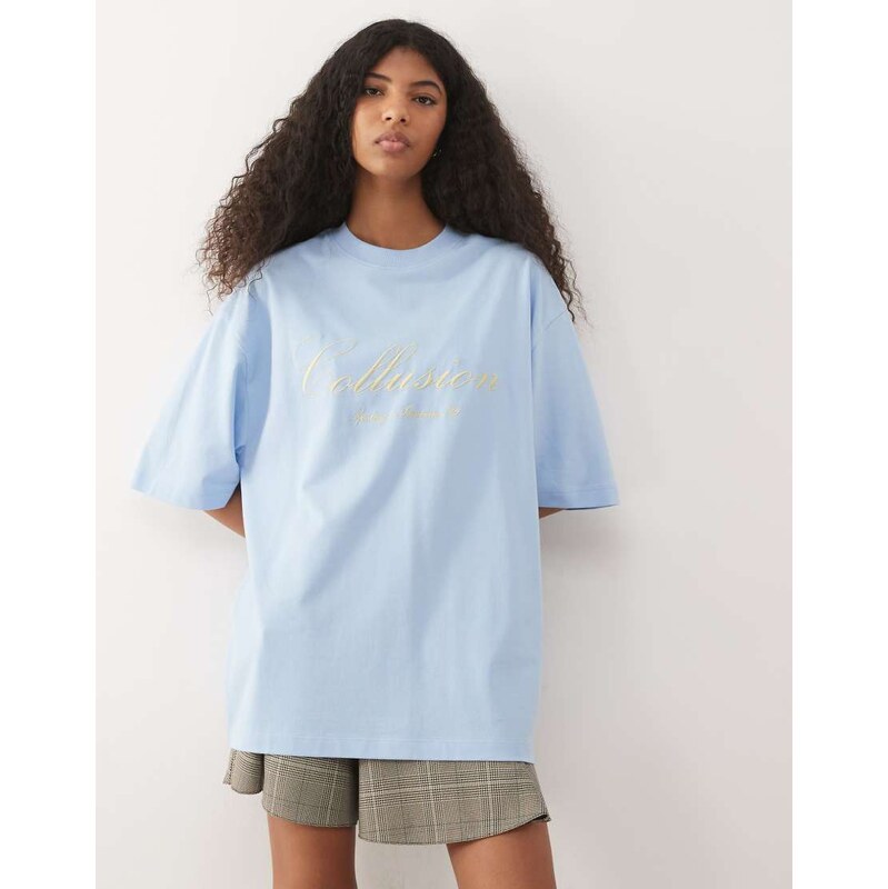 COLLUSION oversized logo embroidery tee in blue