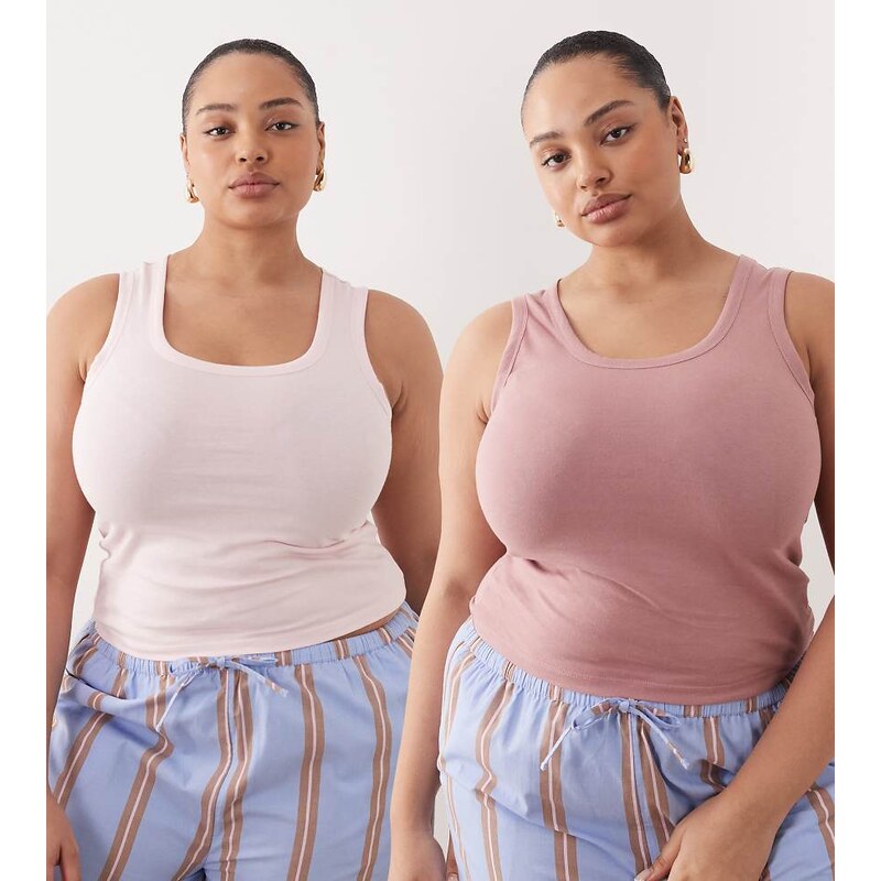 ASOS Curve ASOS DESIGN Curve 2 pack pyjama vest in mink & pink-Multi 114588013