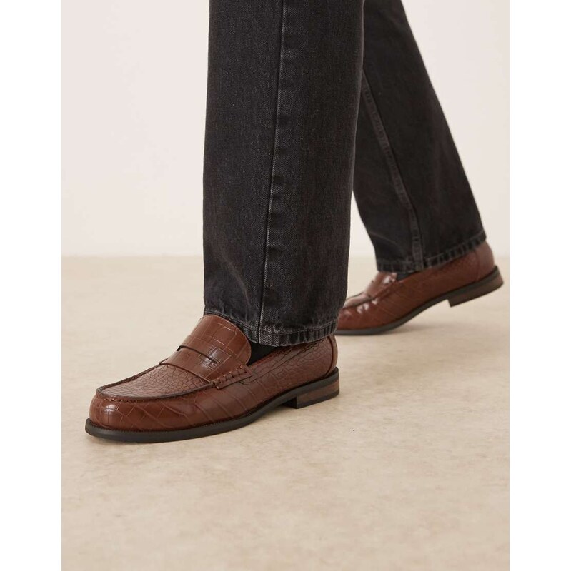 ASOS DESIGN penny loafers in brown faux croc