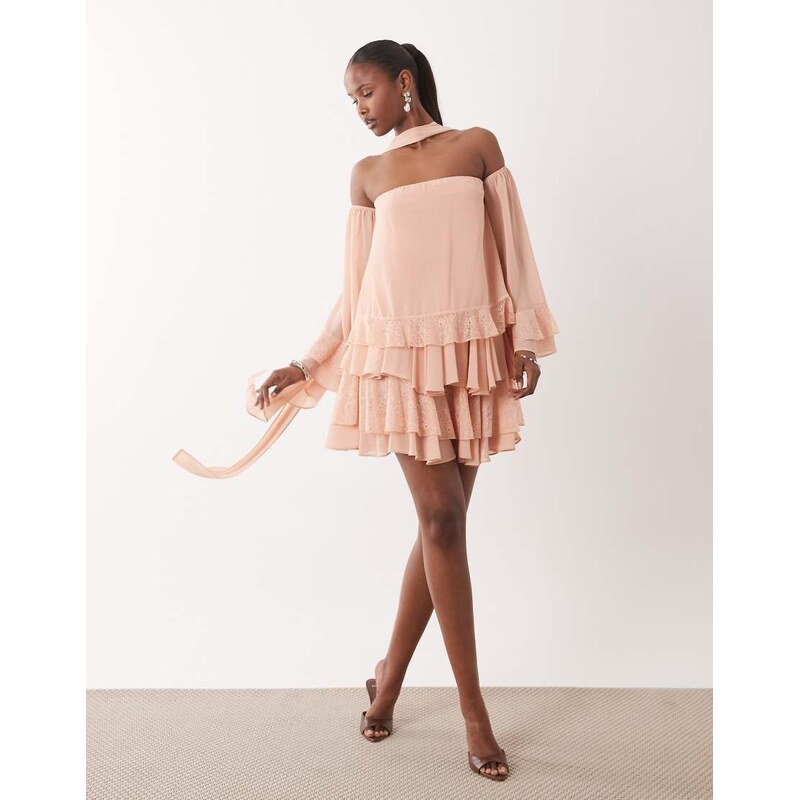 TFNC bardot chiffon lace mini dress with scarf in pale pink