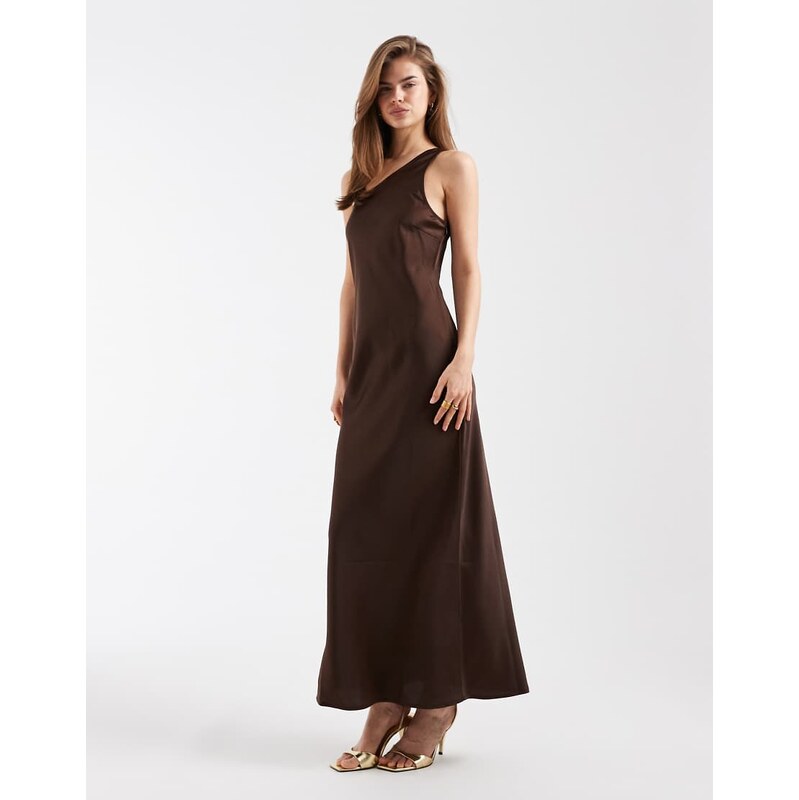Object one shoulder satin maxi dress in brown