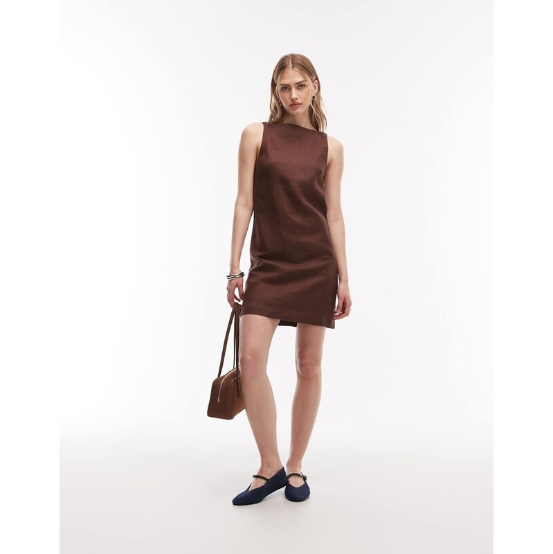 & Other Stories boat neck pure linen mini dress in chocolate
