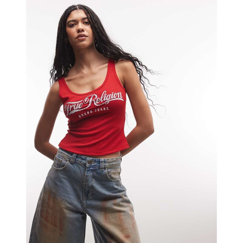 True Religion ribbed square neck tank top in salsa-Red 114588088