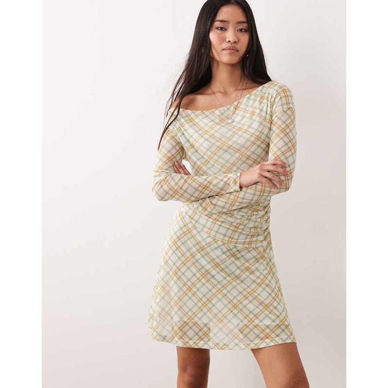 ASOS DESIGN long sleeve fallen shoulder mini dress in check