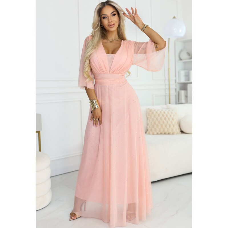Numoco dlouhé lesklé večerní šaty plus size s výstřihem a