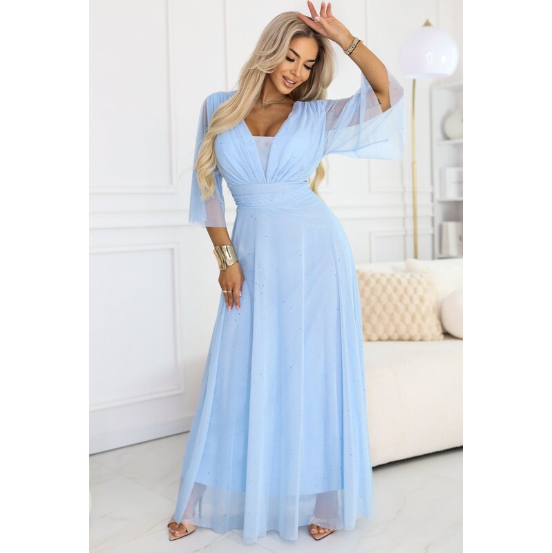 Numoco dlouhé lesklé večerní šaty plus size s výstřihem a