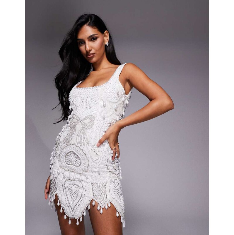 ASOS LUXE gem encrusted mini dress with pearl embellishment & scallop 114589454