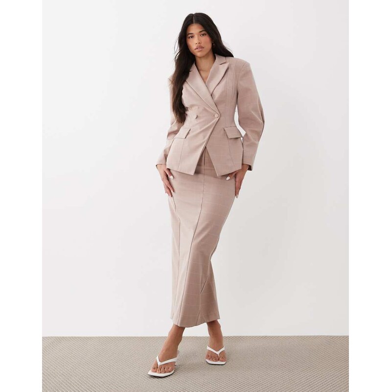 ASOS LUXE co-ord pencil midi skirt in pink check 114589463