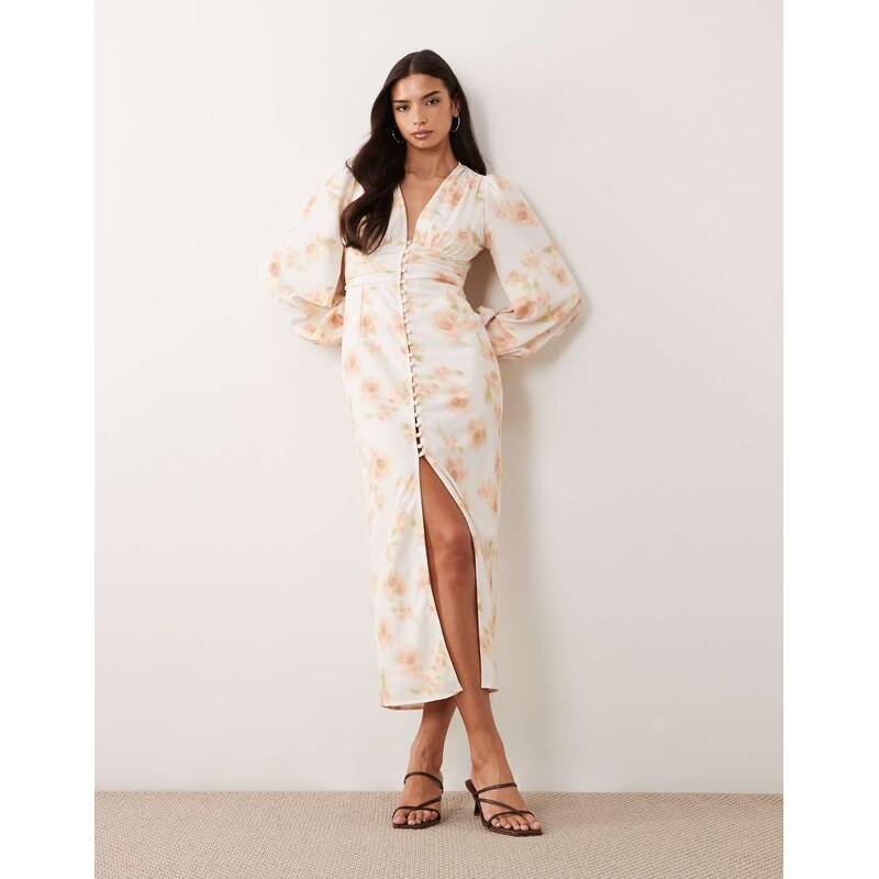 Gina Tricot balloon long sleeve satin button front midi dress