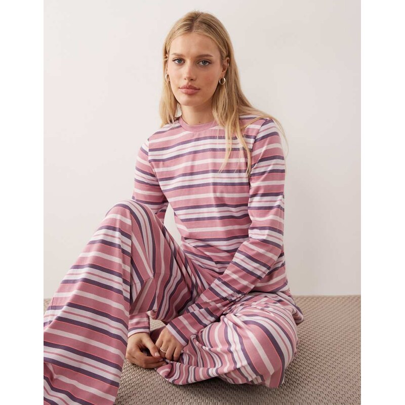 ASOS DESIGN Taylor longsleeve pyjama top in pink & burgundy stripe 115516675