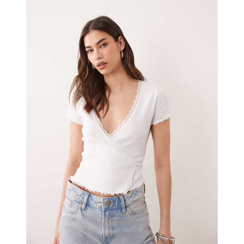 Miss Selfridge pointelle lettuce detail wrap top in white