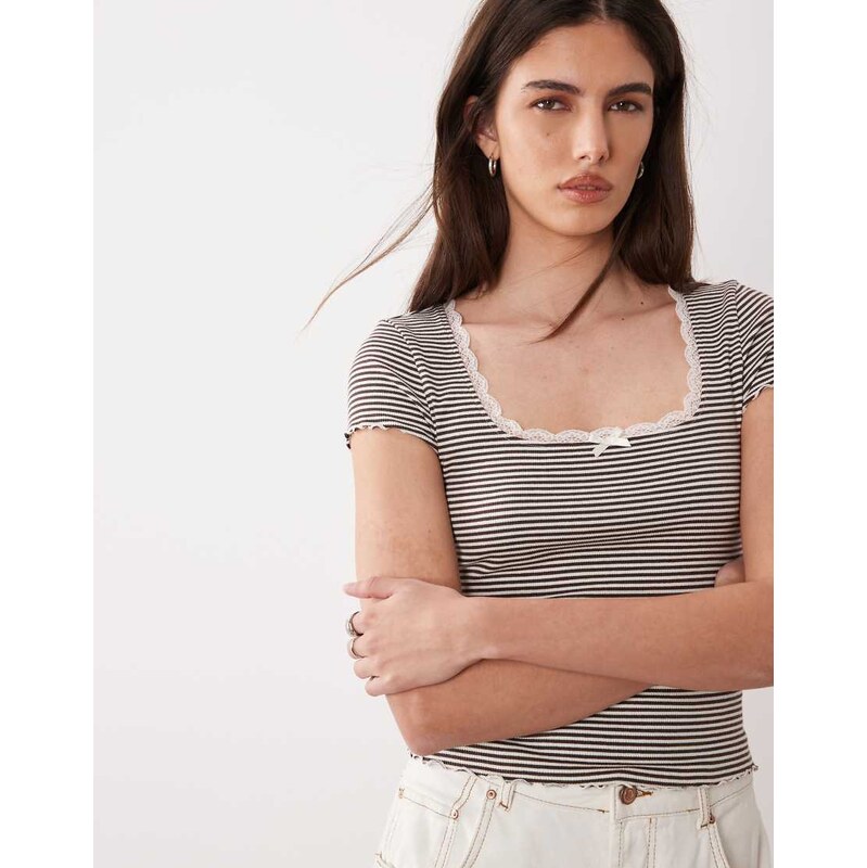 Miss Selfridge stripe square neck lace trim short sleeve top