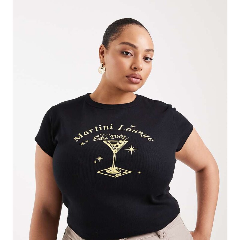 ASOS Curve ASOS DESIGN Curve baby tee with martini graphic in black 114589502
