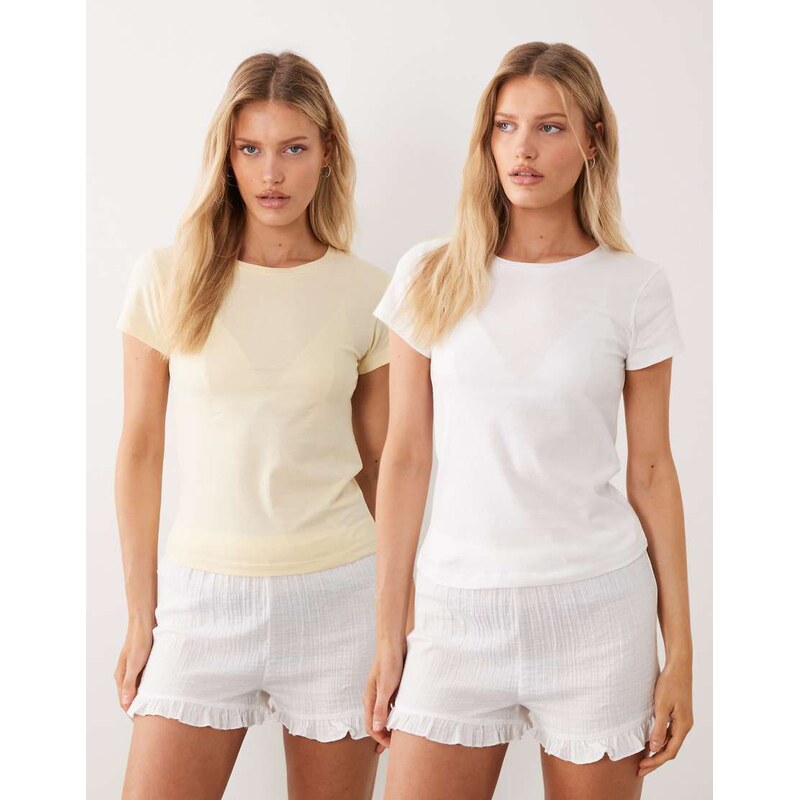 ASOS DESIGN 2 pack pyjama t-shirts in white & lemon-Multi 114589510