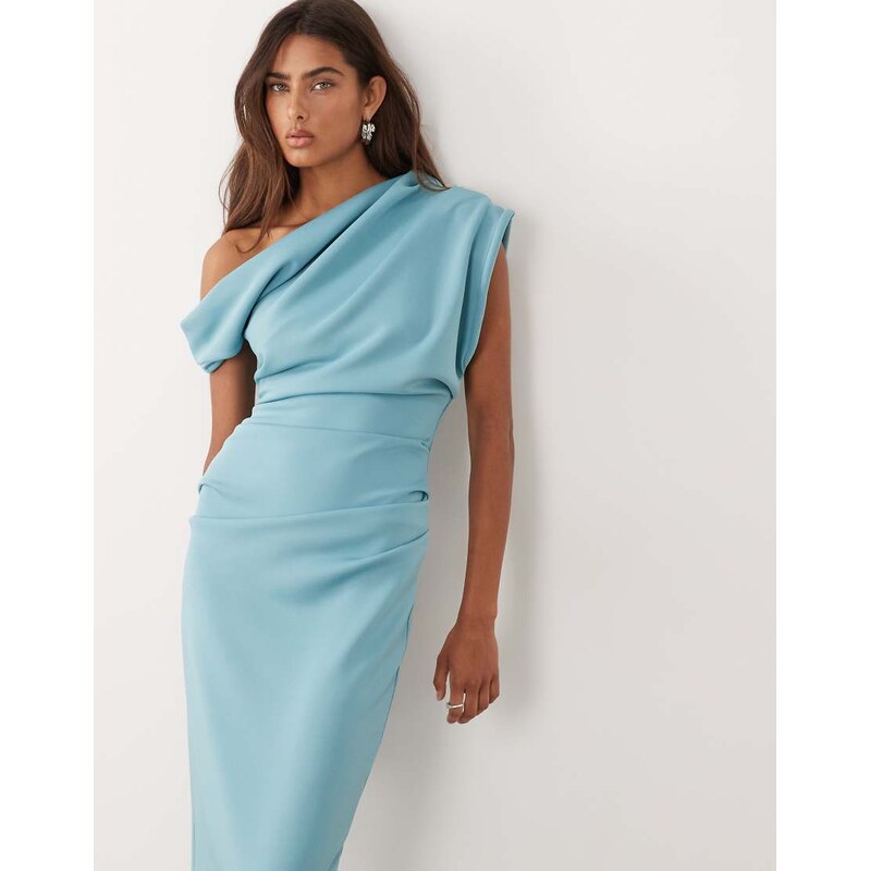 ASOS DESIGN asymmetric off shoulder midi dress in blue scuba