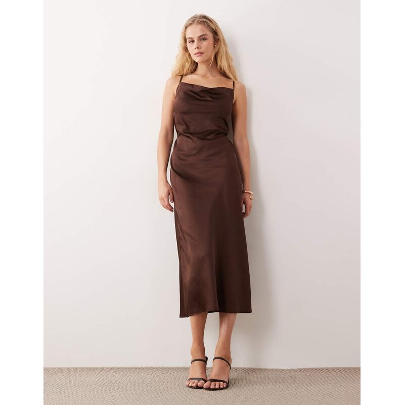 New Look satin cowl neck midi dress in brown
