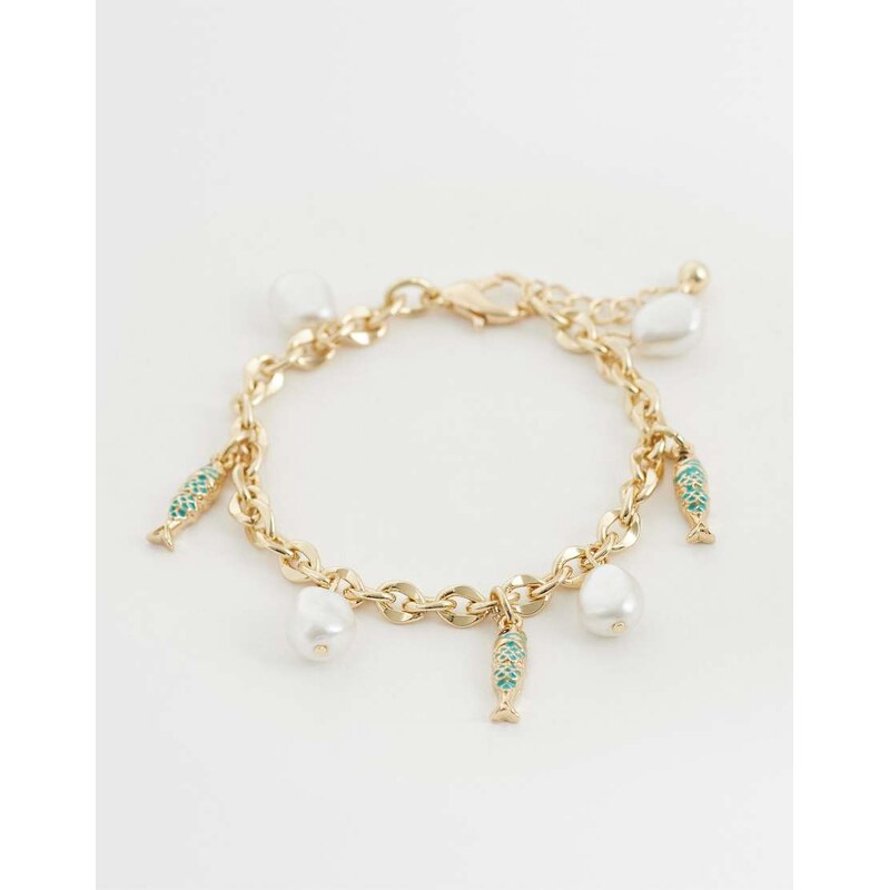 ASOS DESIGN charm bracelet with fish and faux pearls in gold tone 115522619