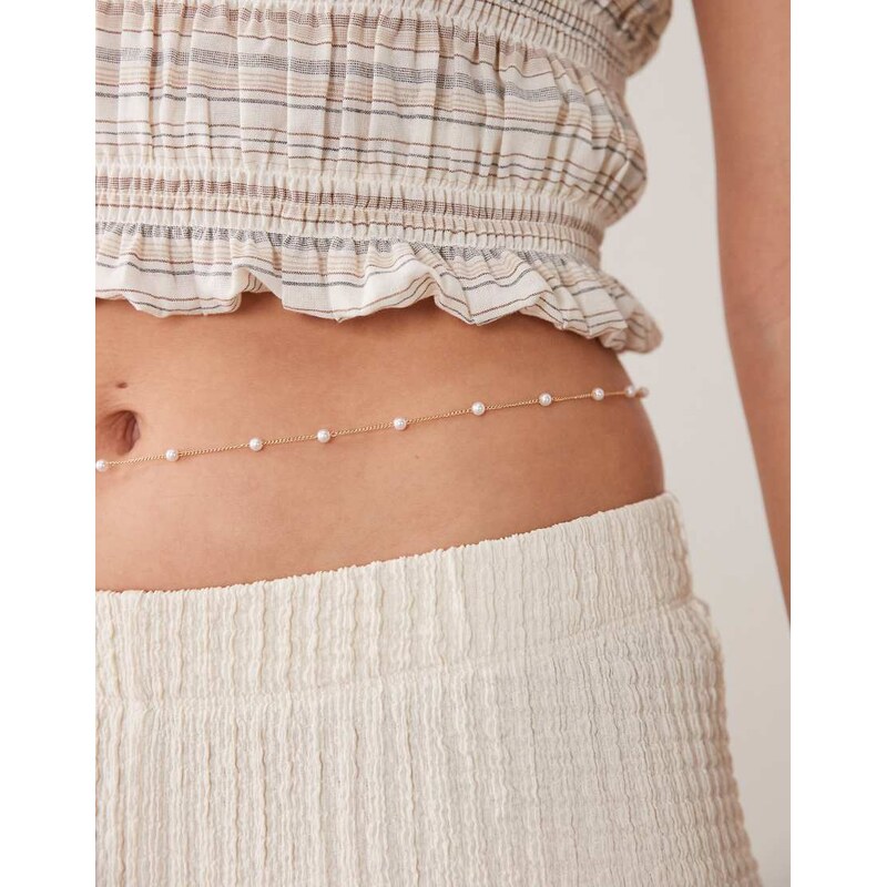 ASOS DESIGN faux-pearl station belly chain in gold tone 114589574