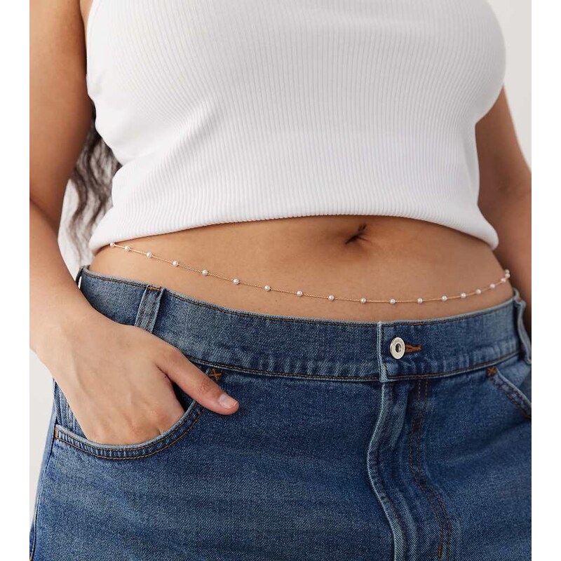 ASOS Curve ASOS DESIGN Curve faux-pearl station belly chain in gold 115522646