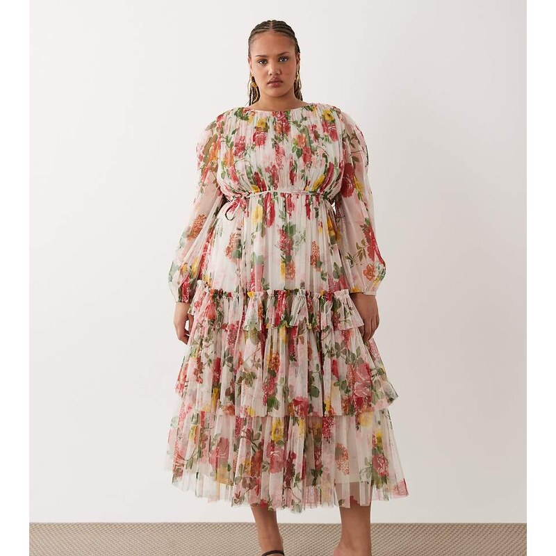 Lace & Beads Plus tulle sheer balloon sleeve tiered midaxi dress in 115522879